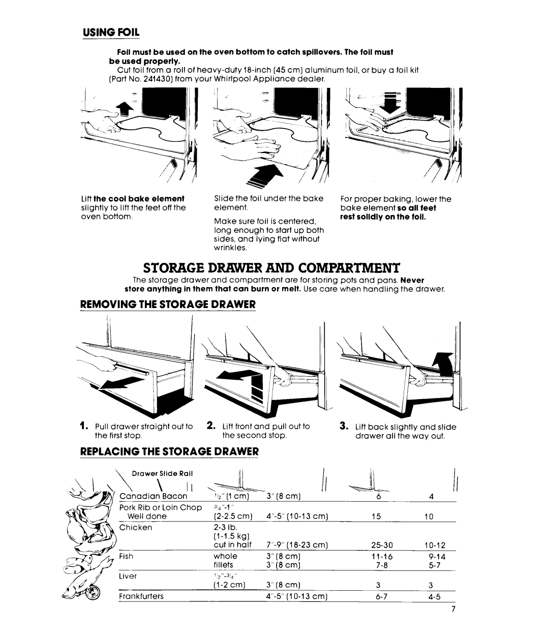 Whirlpool RF4400XL Storage Drawer and Compartment, Using Foil, Removing the Storage Drawer, Replacing the Storage Drawer 