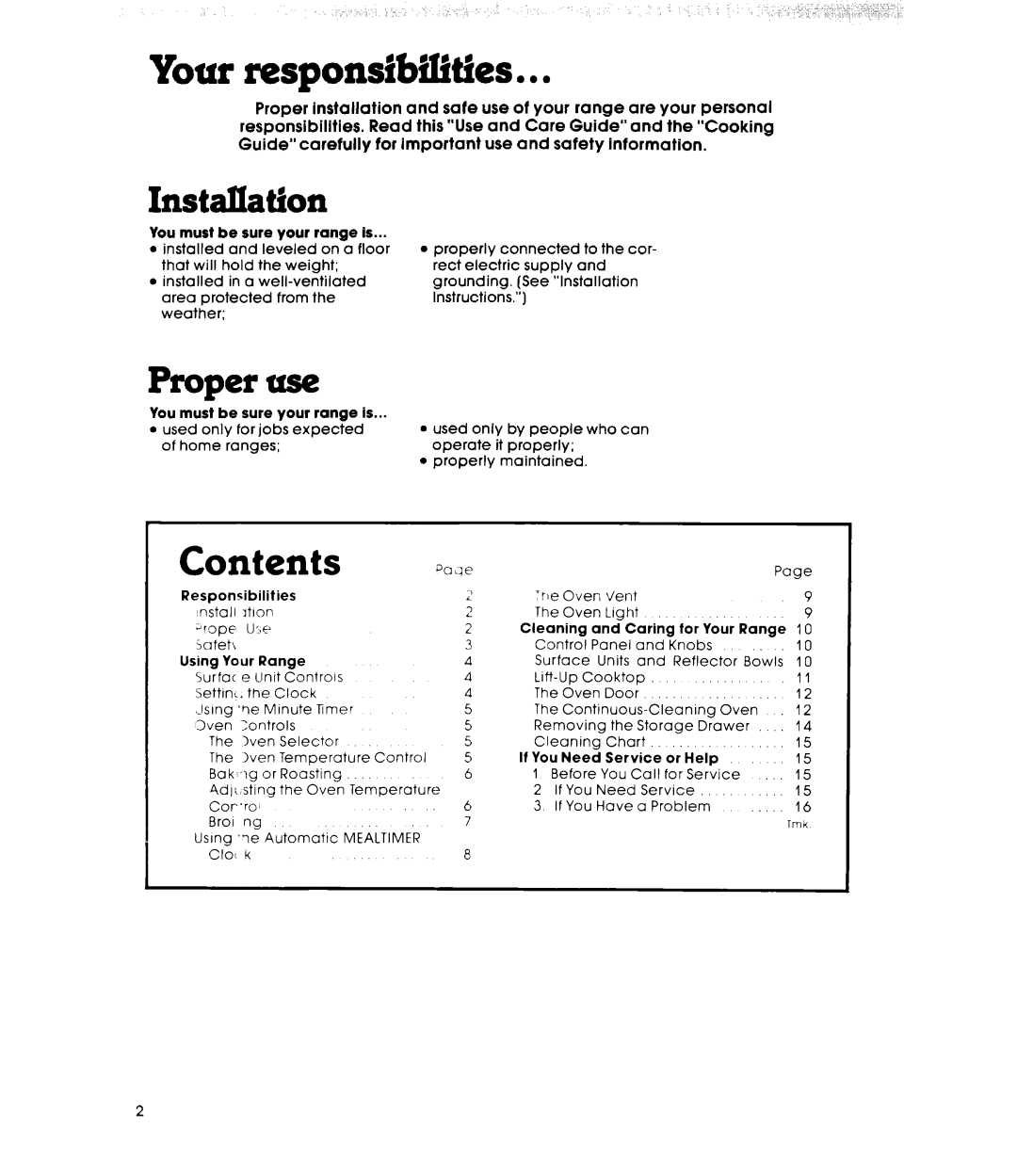 Whirlpool RF4400XL manual Your responsibilities, Contents, “a3e, Proper use 