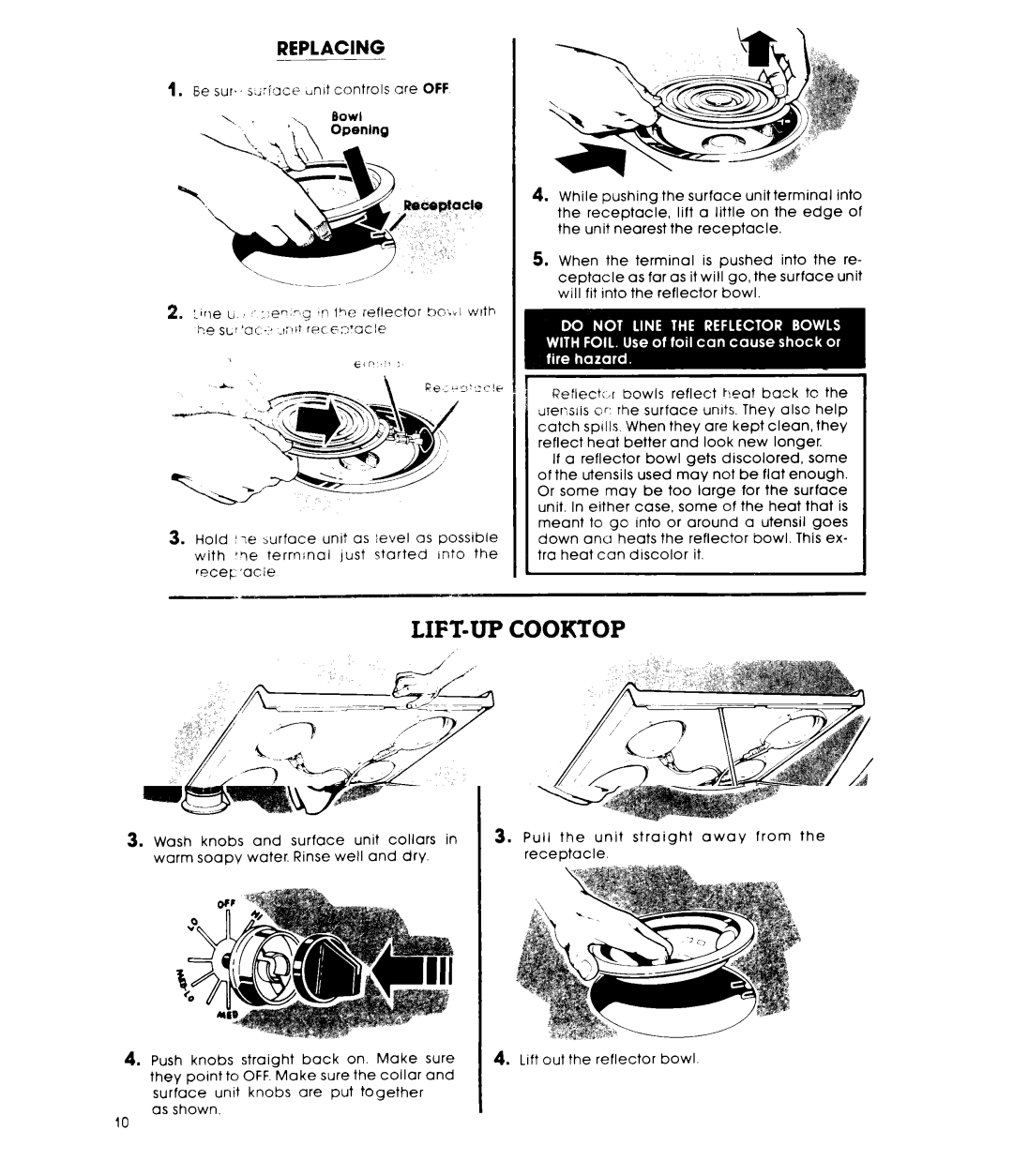 Whirlpool RF440XL manual LIFT-UP Cooktop, Replacing, Bowl, Do not drop the cooktop. Damage can result 