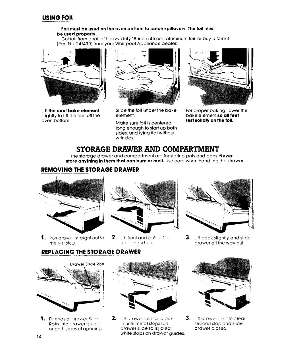 Whirlpool RF440XL manual Storage Drawer and COMPARIM~, Using Foil, Removing the Storage Drawer 