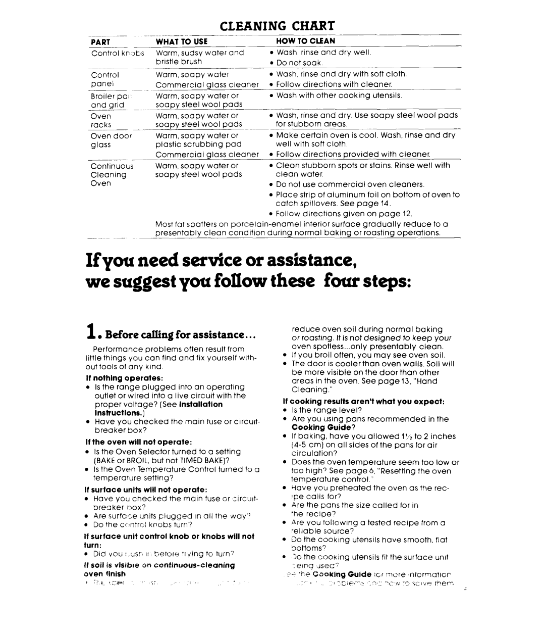 Whirlpool RF440XL manual Before calling for assistance, Cleaningchart, If you need service or assistance 