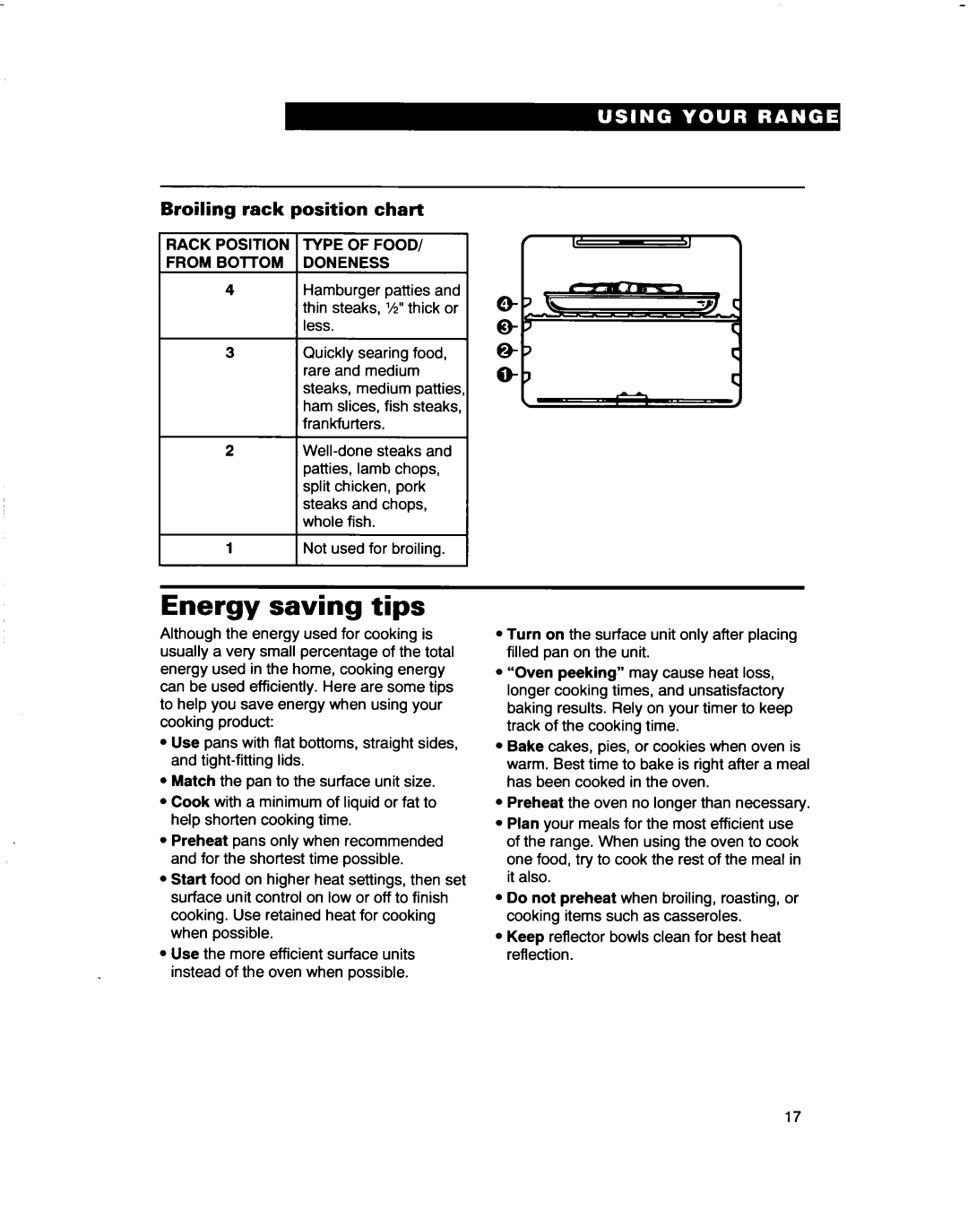 Whirlpool RF4700XB important safety instructions Energy saving tips, Broiling rack position chart, Type of Food Doneness 