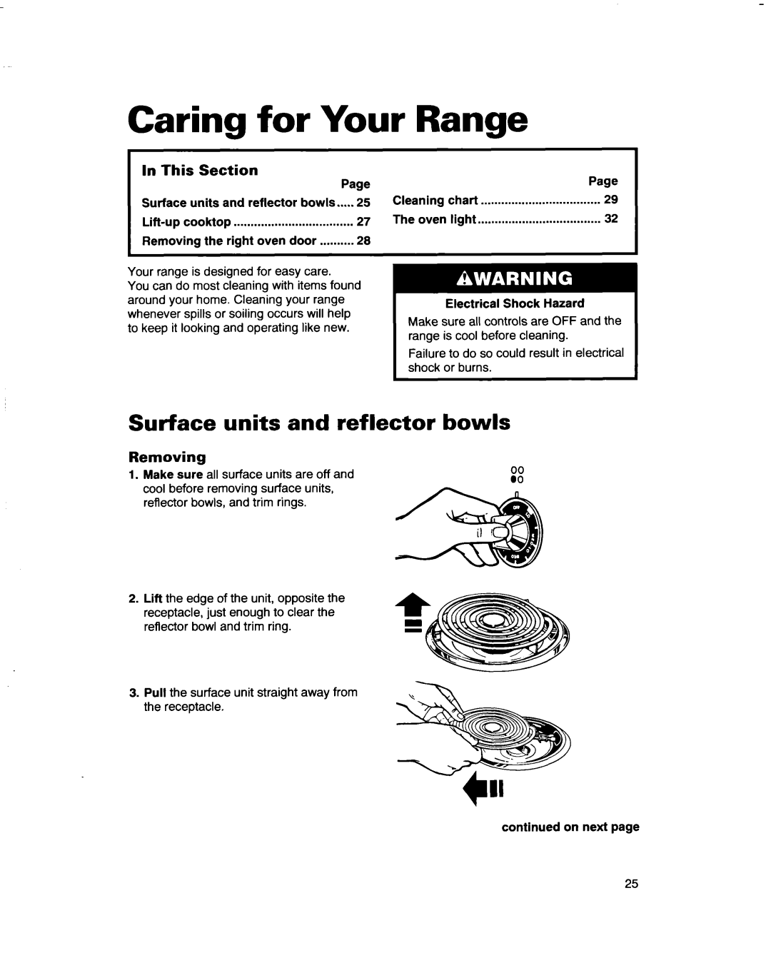 Whirlpool RF4700XB important safety instructions Caring for Your Range, Surface units and reflector bowls, Removing 