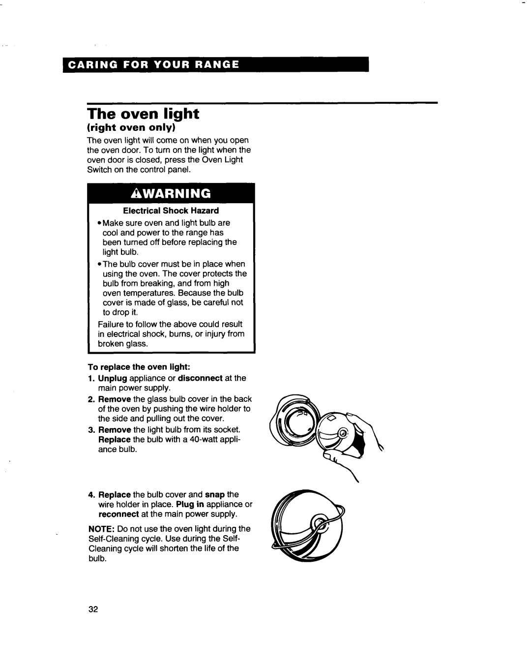 Whirlpool RF4700XB important safety instructions Oven light, Right oven only 