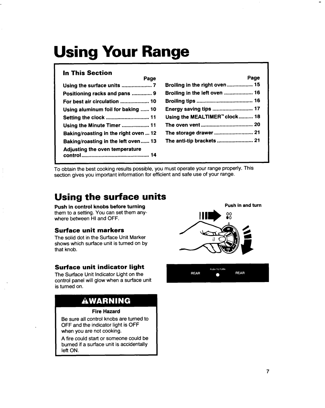 Whirlpool RF4700XB Using Your Range, Using the surface units, This Section, Surface unit markers 