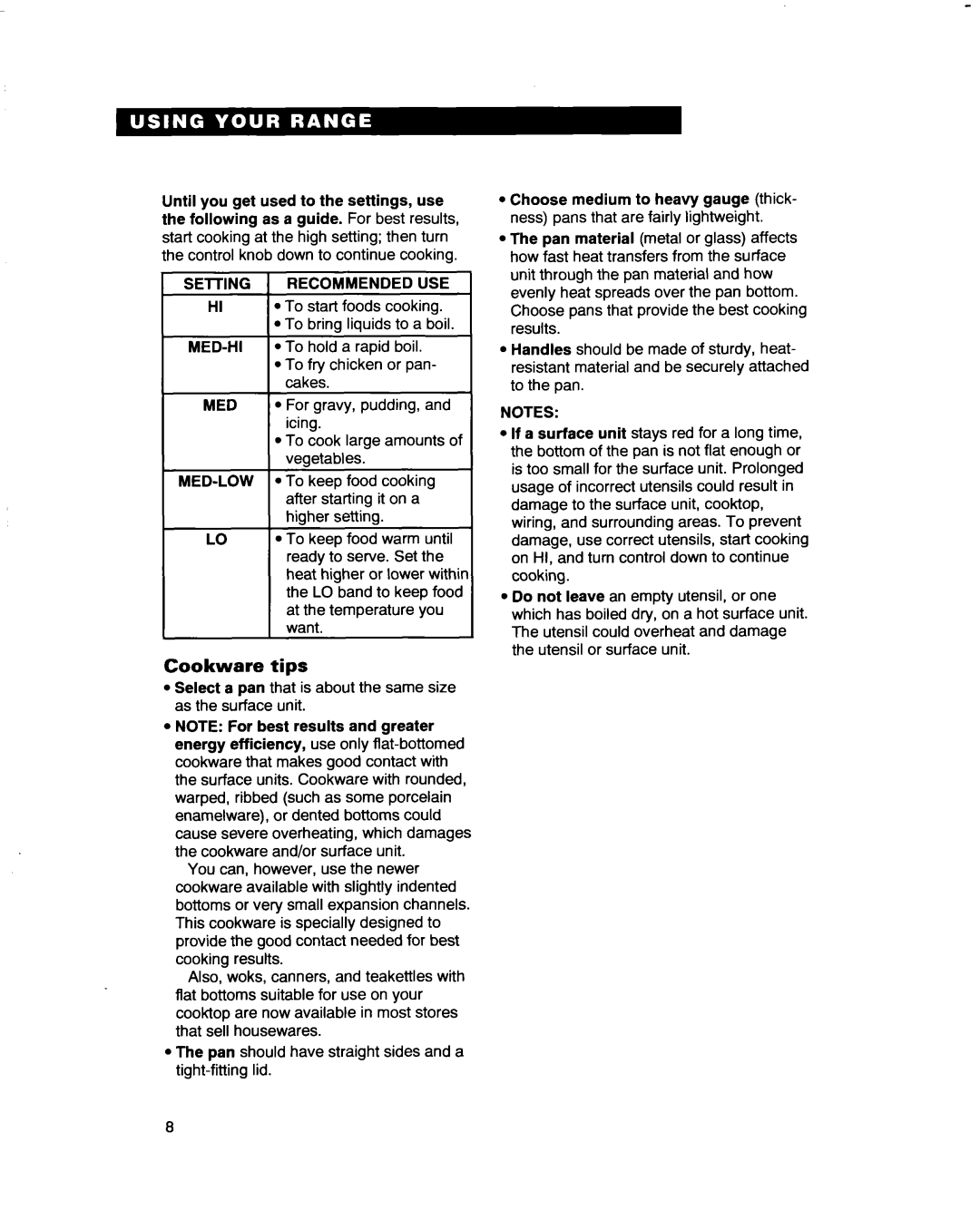 Whirlpool RF4700XB important safety instructions Cookware tips 