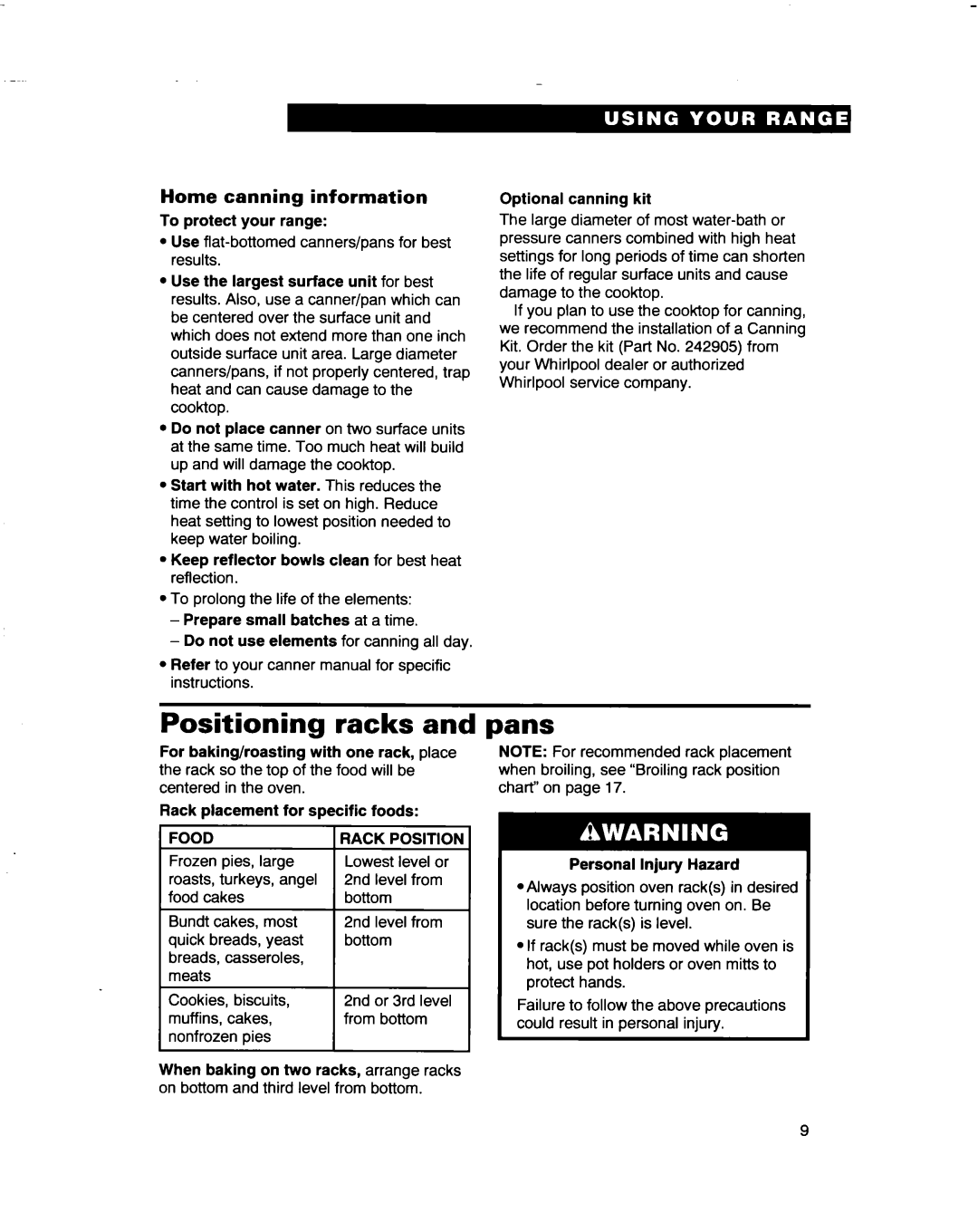 Whirlpool RF4700XB important safety instructions Positioning racks, Pans, Home canning information, Rack 