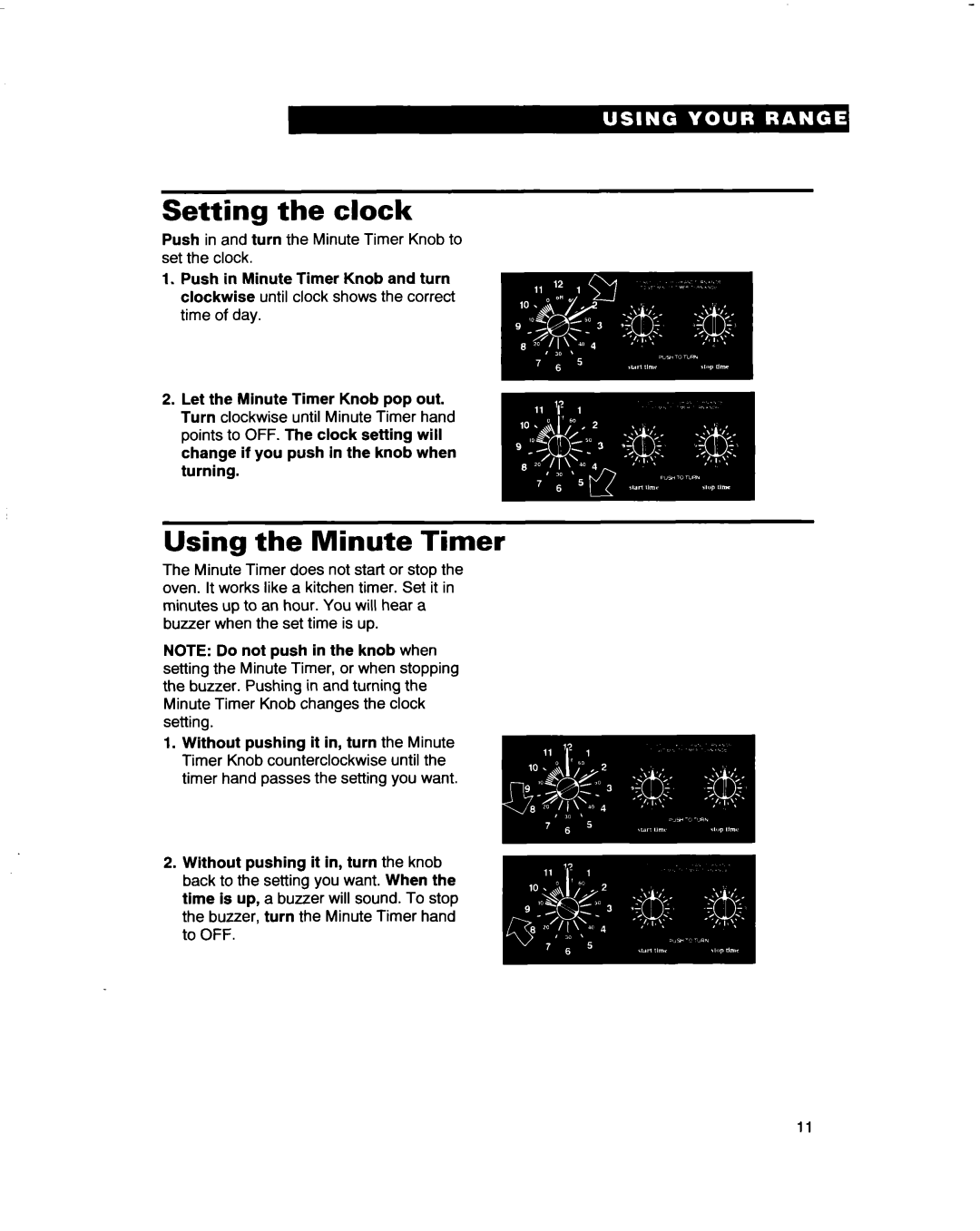 Whirlpool RF4700XB important safety instructions Setting the clock, Using the Minute Timer 