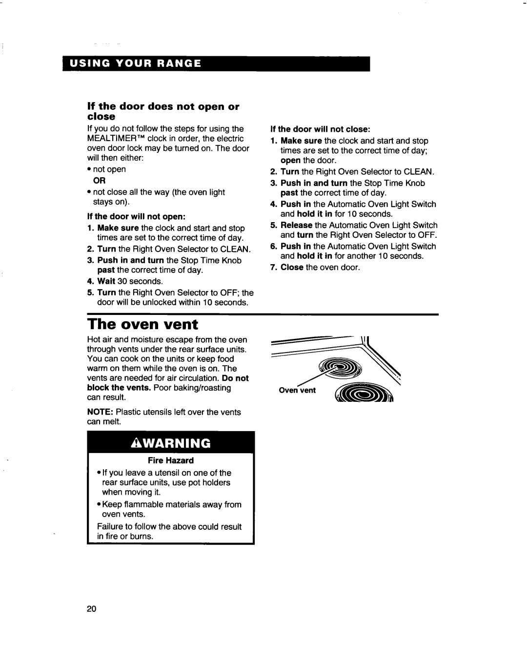 Whirlpool RF4700XB important safety instructions The oven vent, If the door does not open or close 