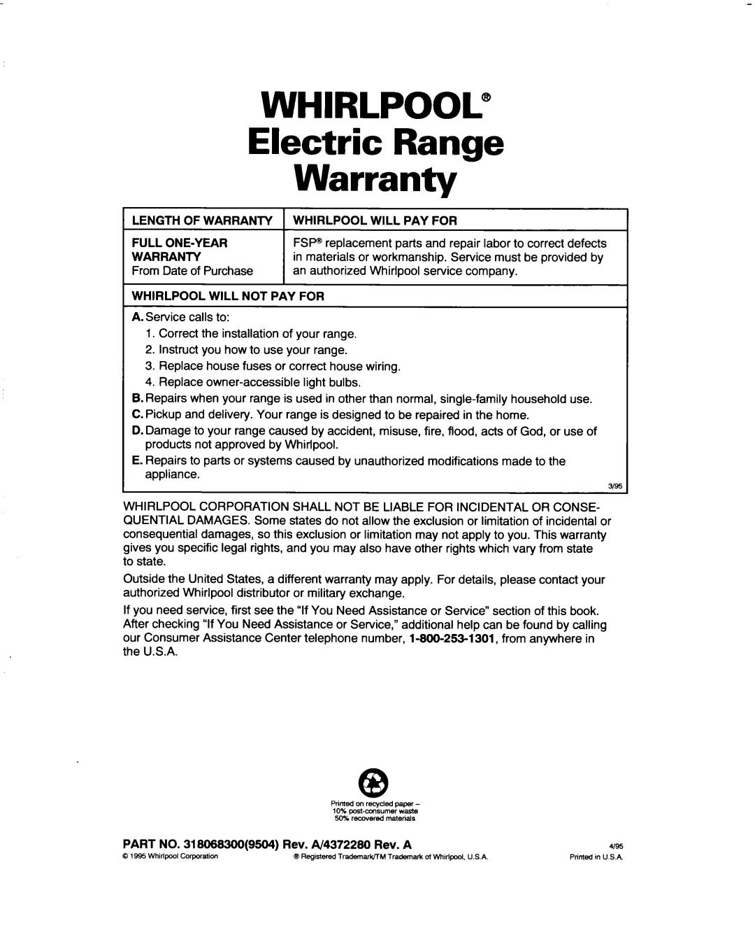 Whirlpool RF4700XB important safety instructions WHIRLPOOL@ Electric Range Warranty 