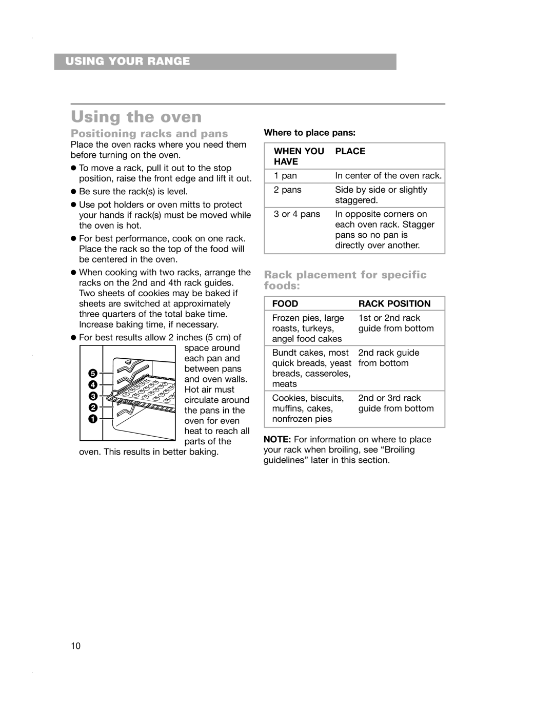 Whirlpool RF4700XE warranty Using the oven, Positioning racks and pans, Rack placement for specific foods 