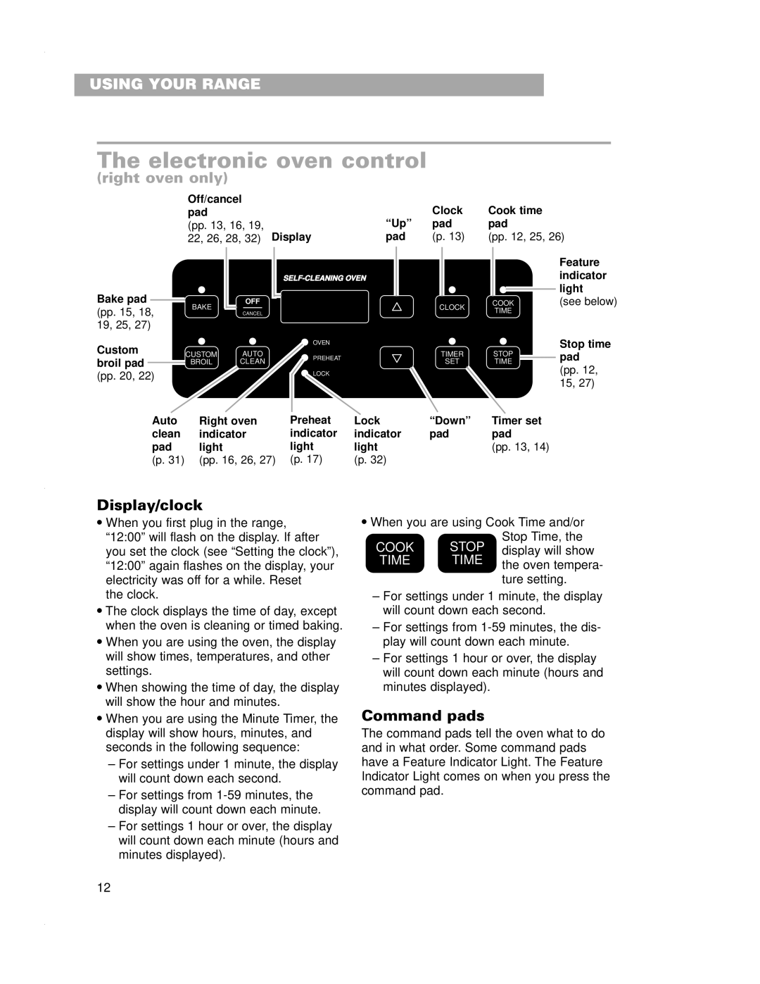 Whirlpool RF4700XE warranty Electronic oven control, Right oven only, Display/clock, Command pads 