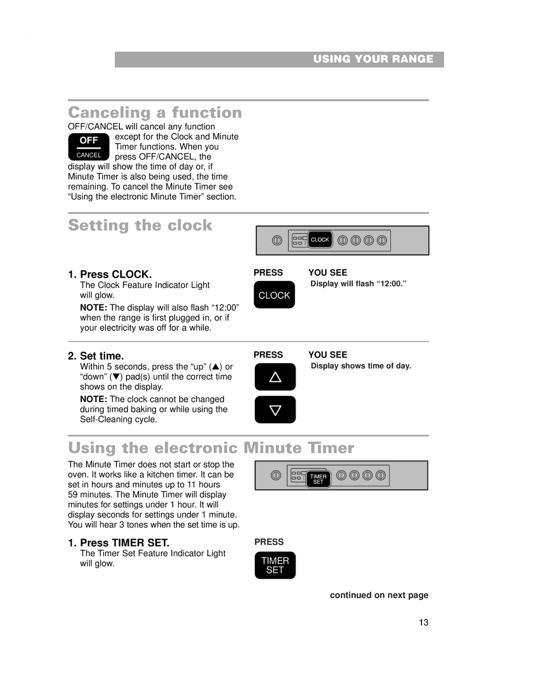 Whirlpool RF4700XE warranty Canceling a function, Setting the clock, Using the electronic Minute Timer 