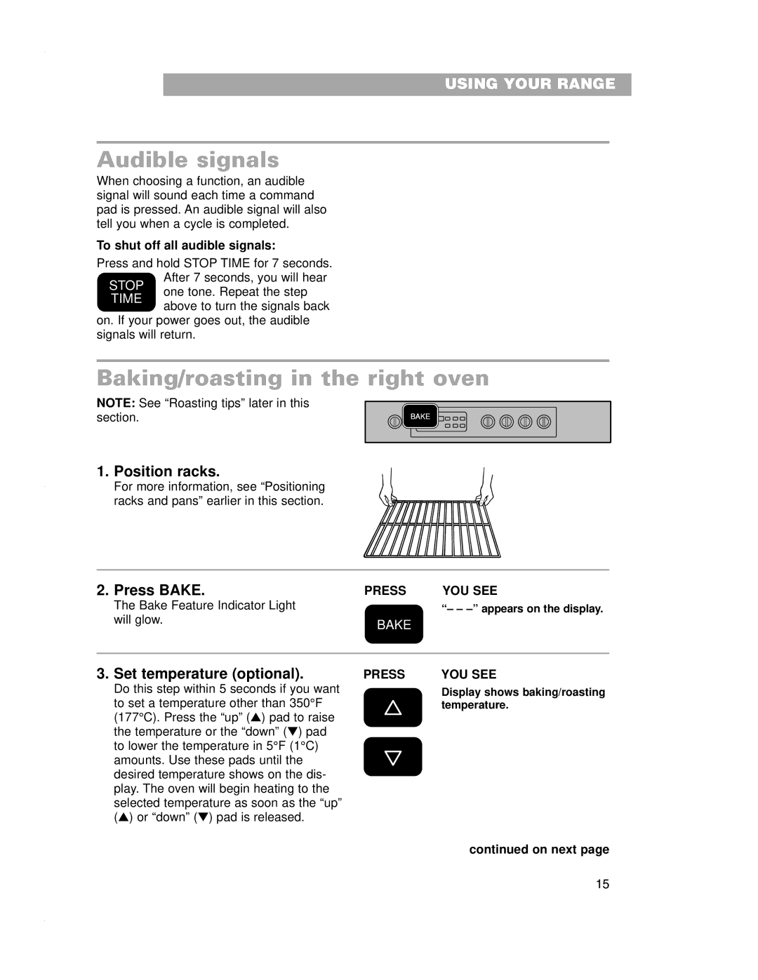 Whirlpool RF4700XE warranty Audible signals, Baking/roasting in the right oven, Position racks, Press Bake 