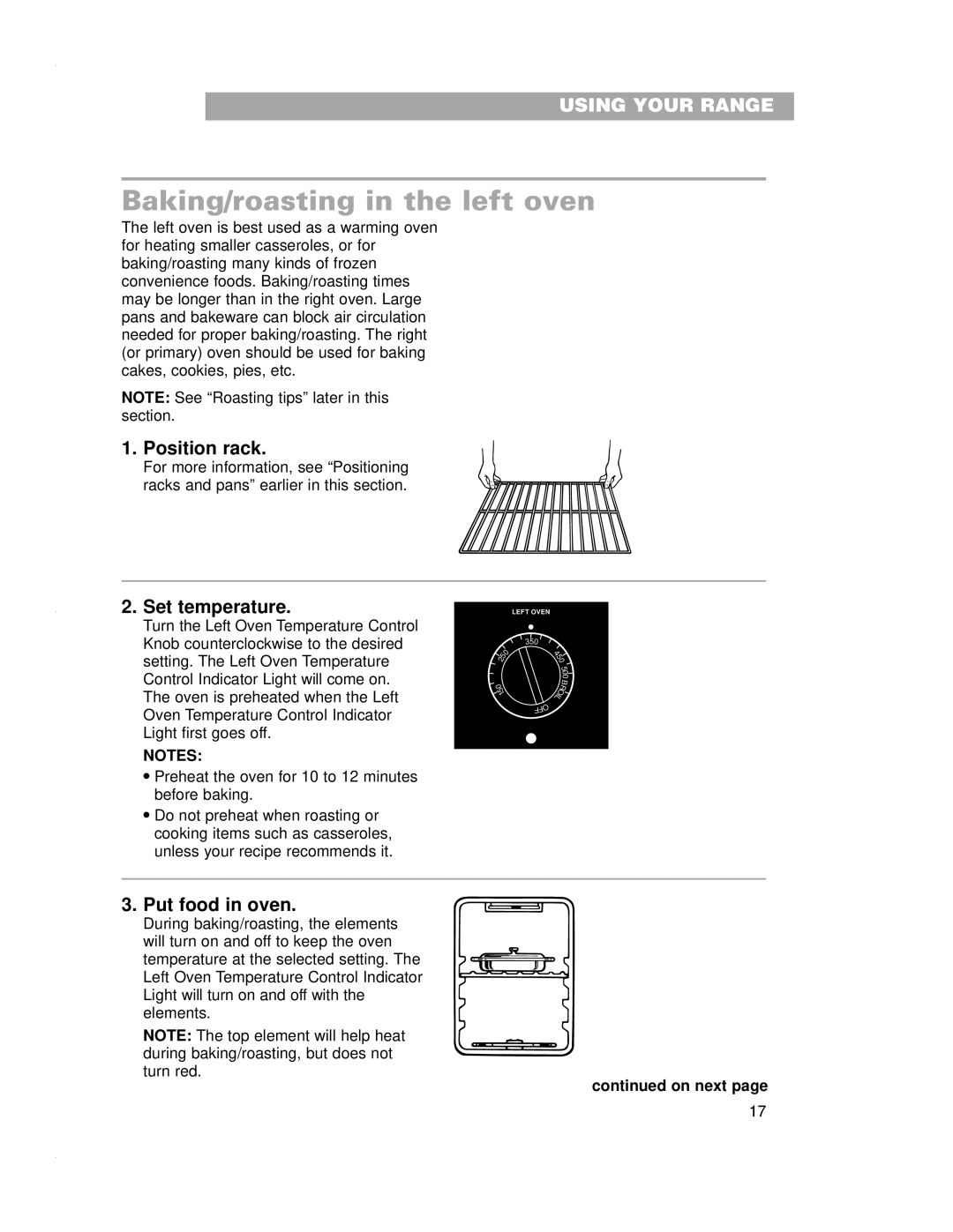 Whirlpool RF4700XE warranty Baking/roasting in the left oven, Position rack, Set temperature, Put food in oven 