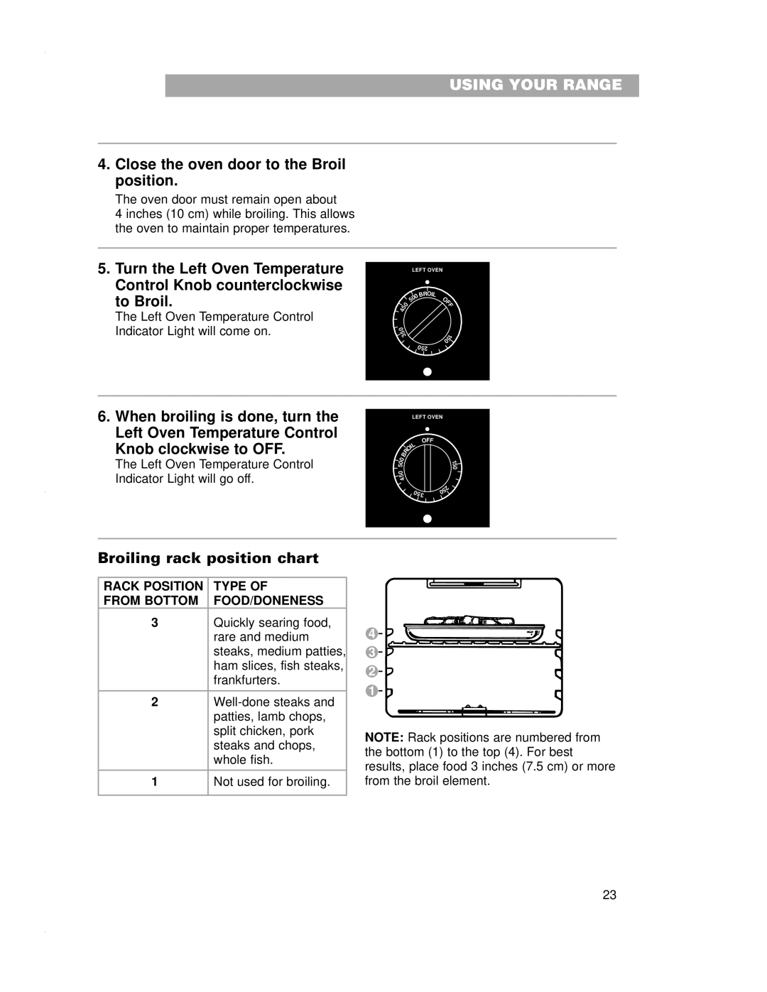 Whirlpool RF4700XE warranty Close the oven door to the Broil position, Broiling rack position chart 