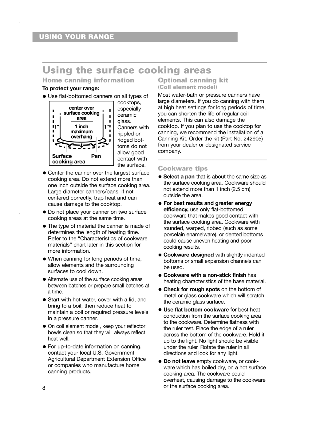 Whirlpool RF4700XE warranty Using the surface cooking areas, Home canning information, Optional canning kit, Cookware tips 