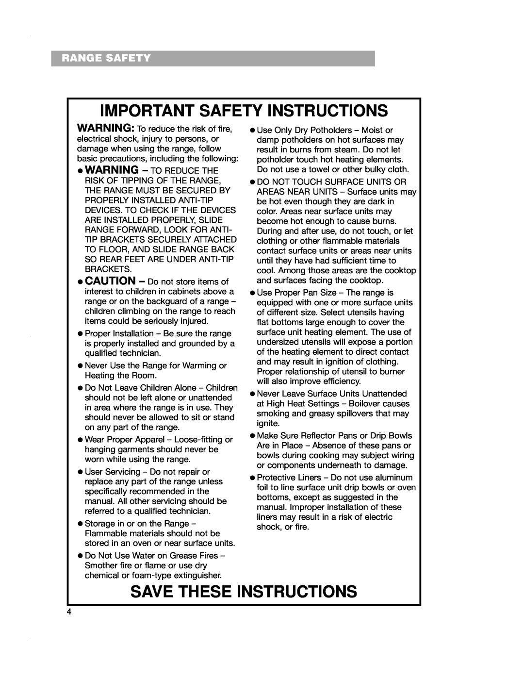 Whirlpool RF4700XE warranty Important Safety Instructions, Save These Instructions, Range Safety 