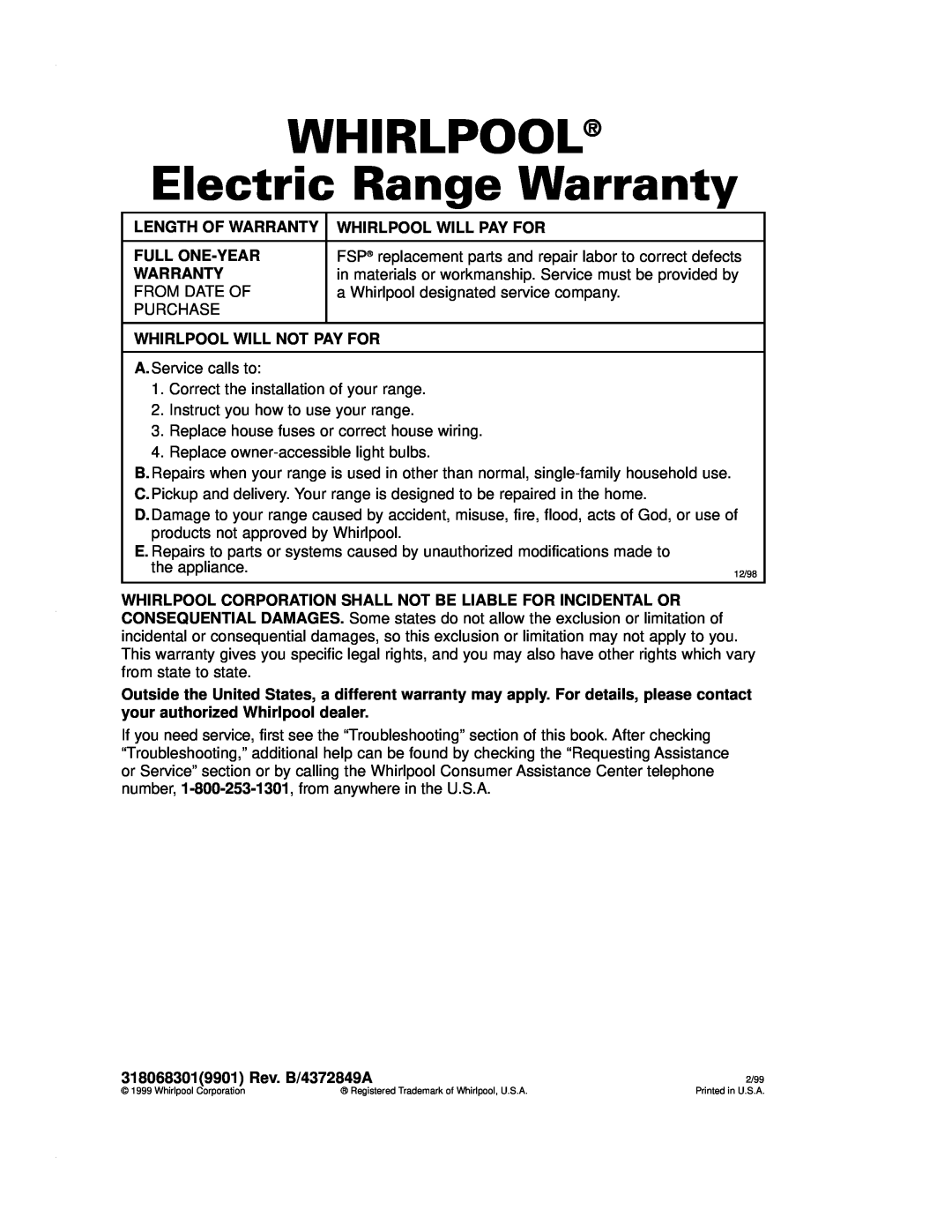 Whirlpool RF4700XE warranty WHIRLPOOL Electric Range Warranty 