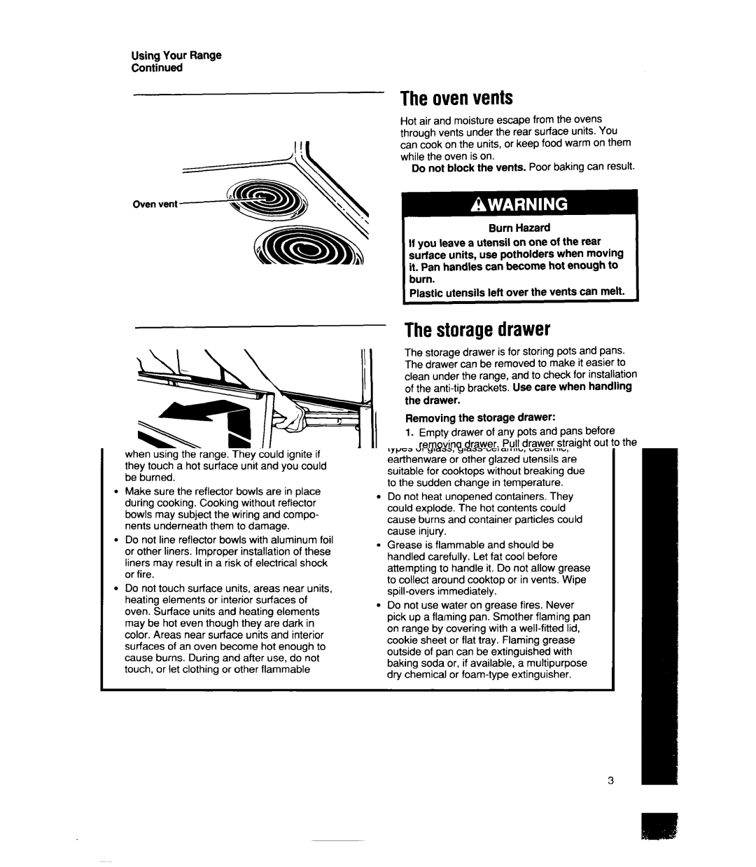 Whirlpool RF4700XW manual Oven vents, Storage drawer, Removing the storage drawer, Replacing the storage drawer 