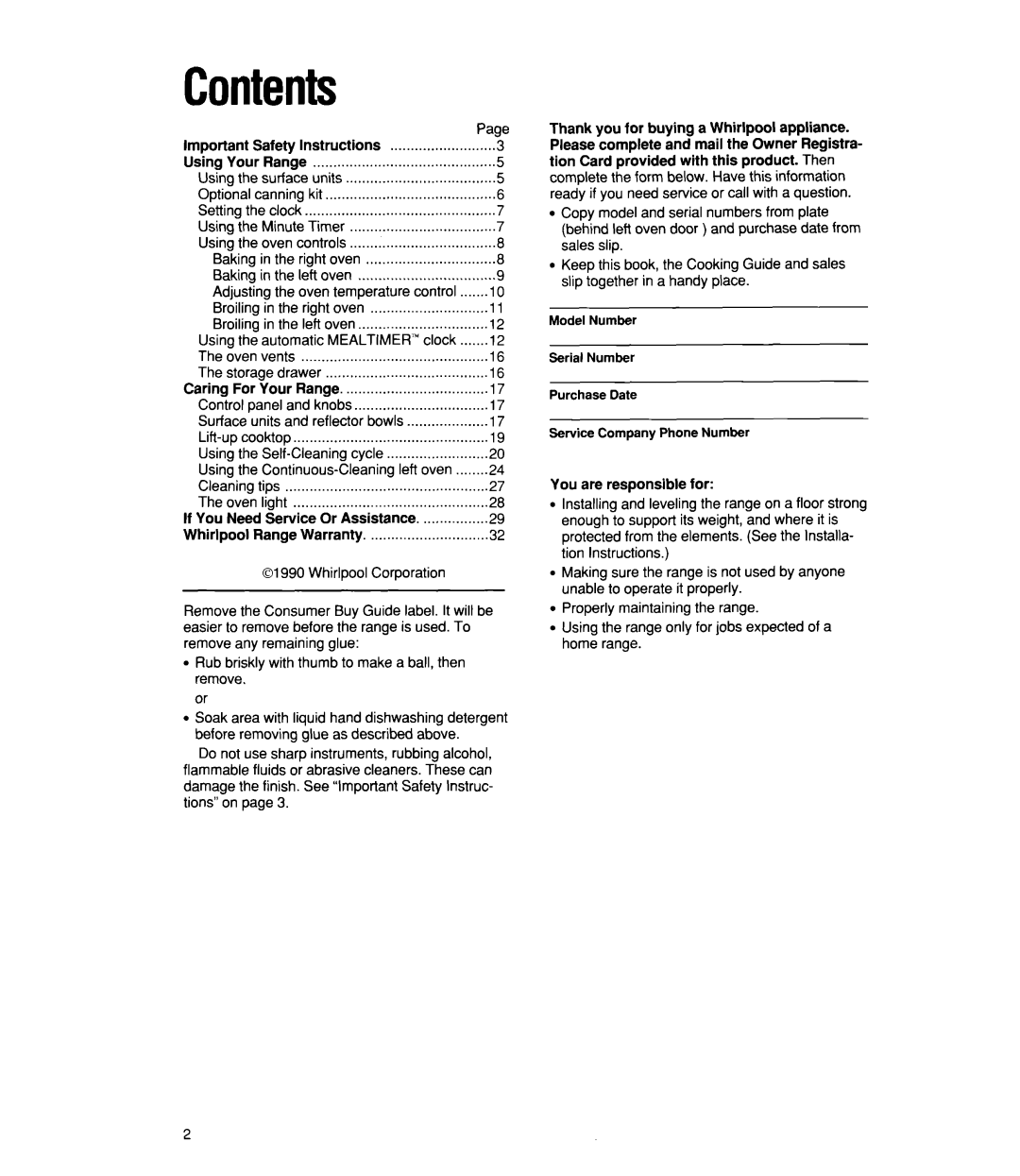 Whirlpool RF4700XW manual Contents, You are responsible for 