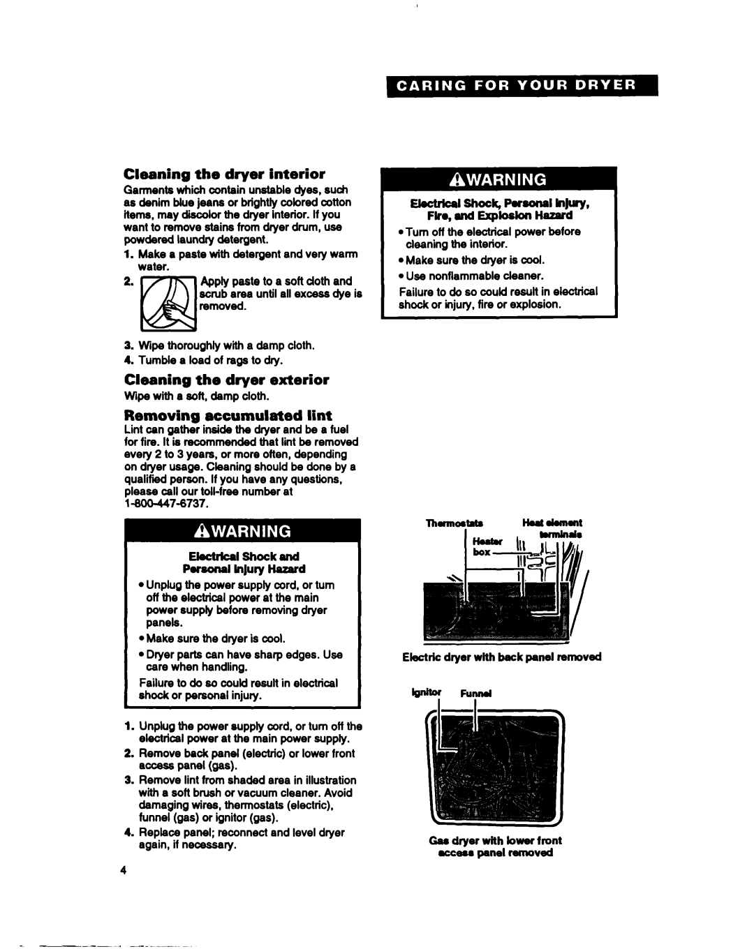 Whirlpool REC3622B, RGC3622B, REP3622B Cleaning the dryer interior, Cleaning the dryer exterior, Removing accumulated lint 