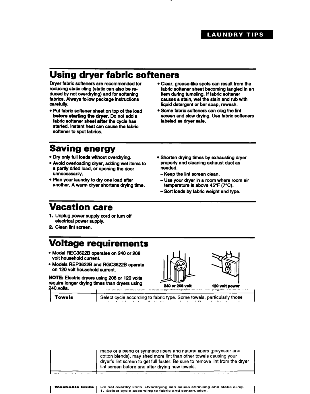 Whirlpool RGC3622B, REP3622B, REC3622B Using dryer fabric softeners, Saving energy, Vacation care, Voltage requirements 