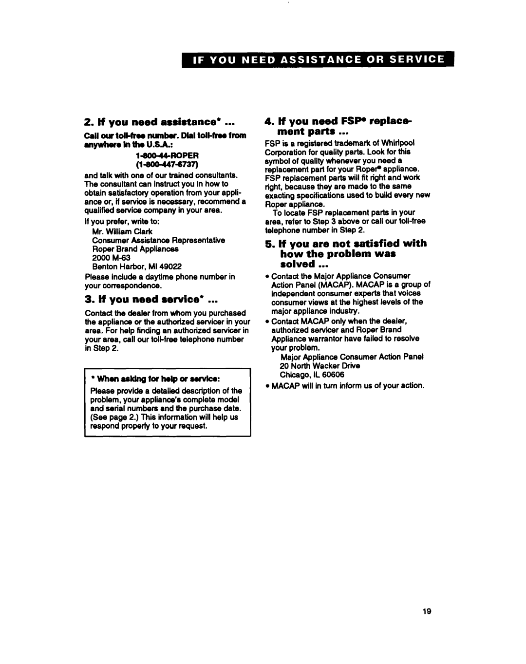 Whirlpool REP3622B, RGC3622B, REC3622B If you need assistance, Tf you need service, If you need FSP replace- ment parts 