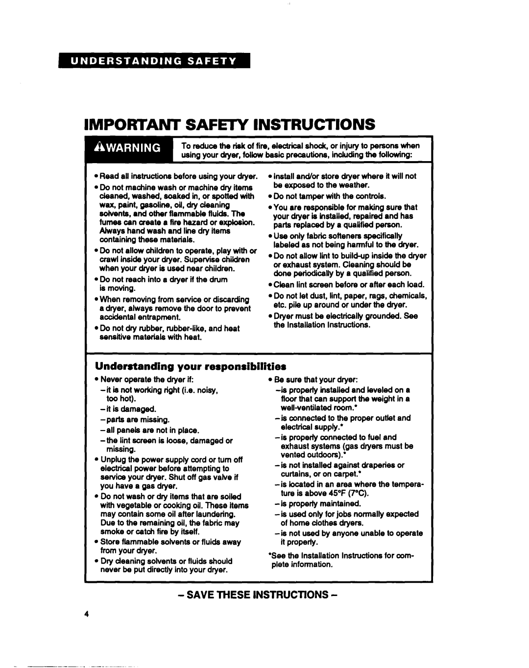 Whirlpool REP3622B, RGC3622B, REC3622B warranty Important SAFEnr Instructions, Understanding your responsibilities 