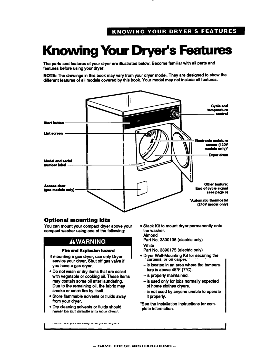 Whirlpool REC3622B, RGC3622B, REP3622B warranty KnowingYour Dryer’s Features, Optional mounting kits, Optional deflector kit 