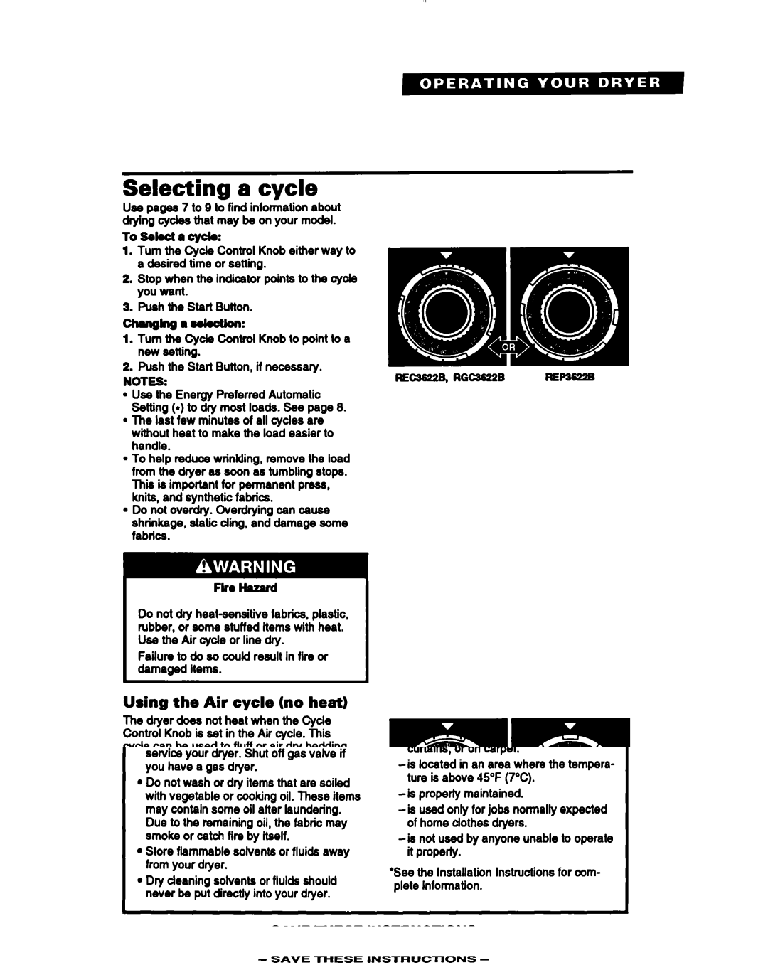 Whirlpool REP3622B, RGC3622B, REC3622B warranty Selecting a cycle, Using the Air cycle no heat 