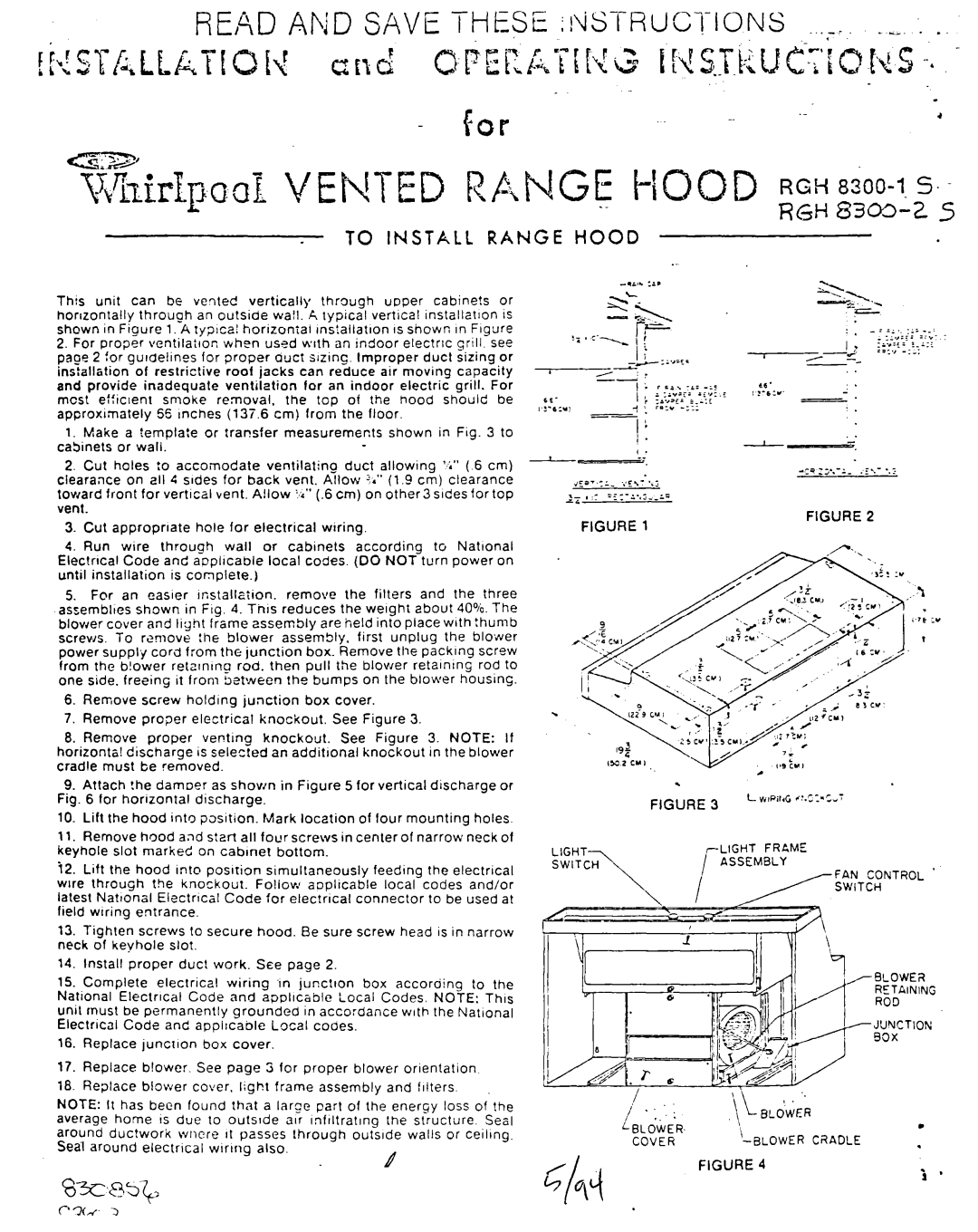 Whirlpool RGH 8300-1, RGH 8300-2 manual To Install Range Hood, Light Frame, COVER-BLOWER Cradle 