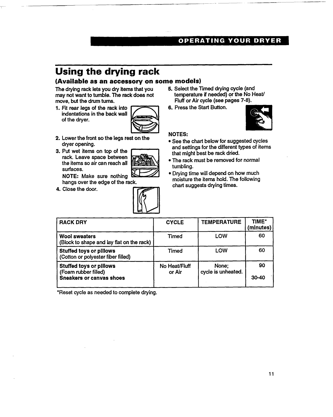 Whirlpool RGL4634BL2 warranty Using the drying rack, Available as an accessory on some models 