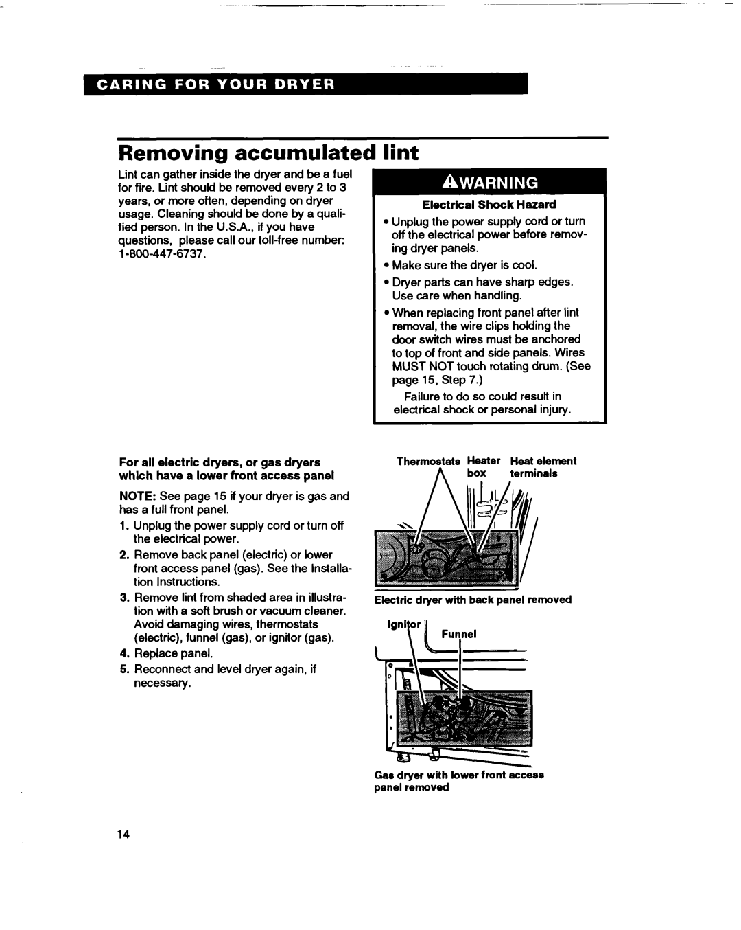 Whirlpool RGL4634BL2 warranty Removing accumulated, Lint, Electrical Shock Hazard 