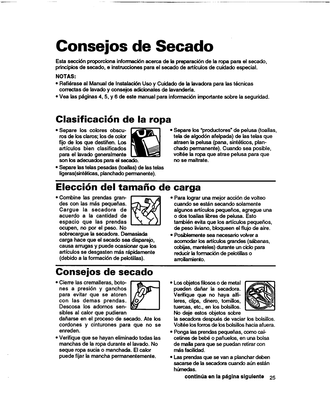 Whirlpool RGL4634BL2 Consejos de Secado, Clasificacih de la ropa, Eleccih del tamafio, De carga, Consejos de secado 