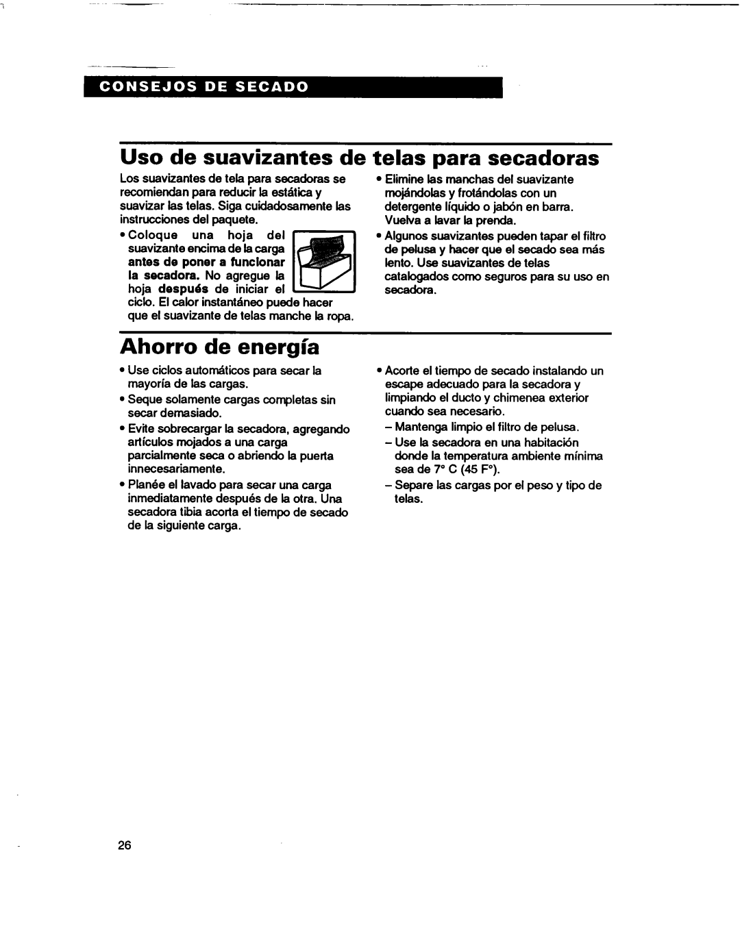 Whirlpool RGL4634BL2 warranty Uso de suavizantes de, Telas para secadoras, Ahorro de energlh 