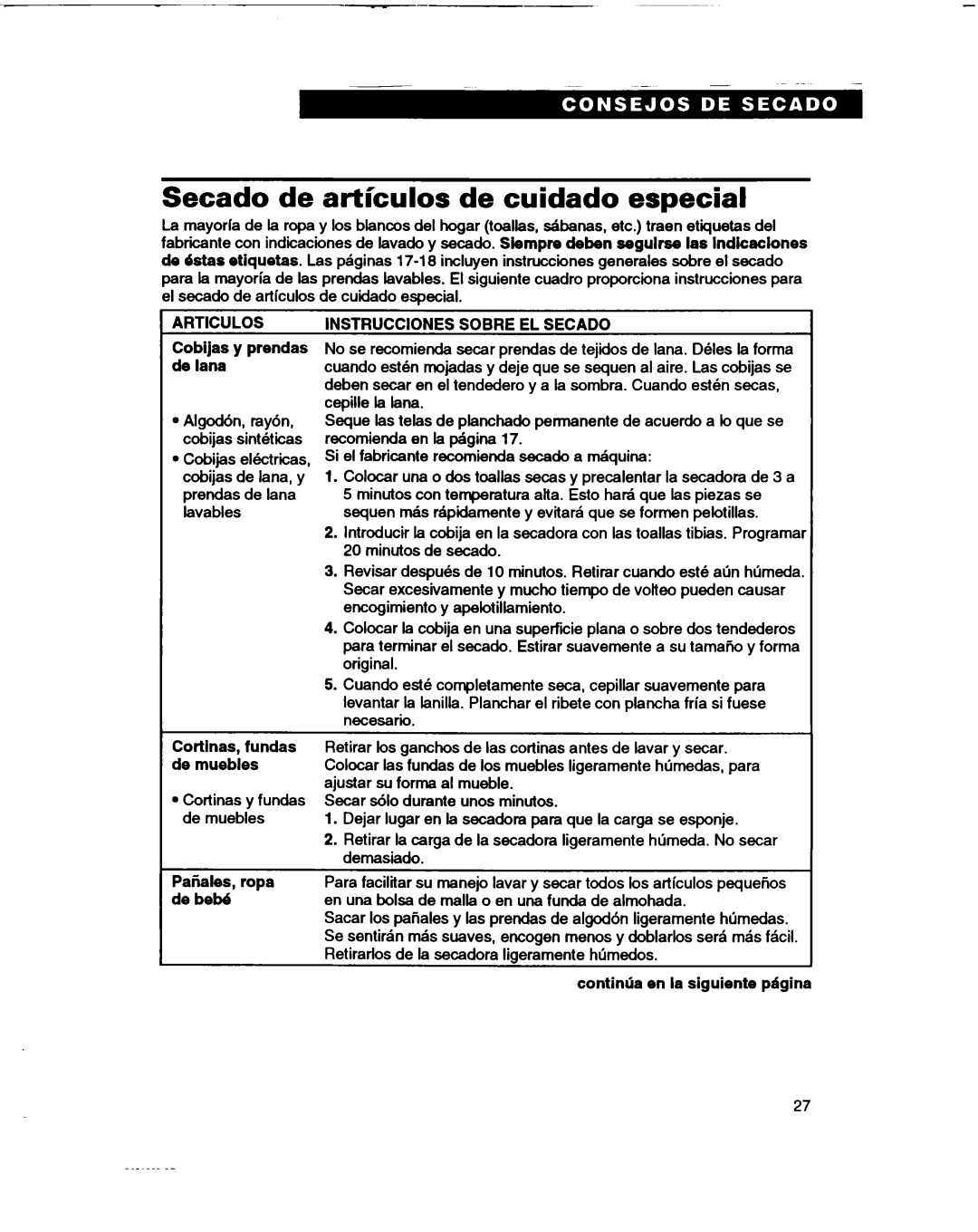 Whirlpool RGL4634BL2 warranty Secado de artkulos de cuidado especial, Articulos, Instrucciones Sobre EL Secado 