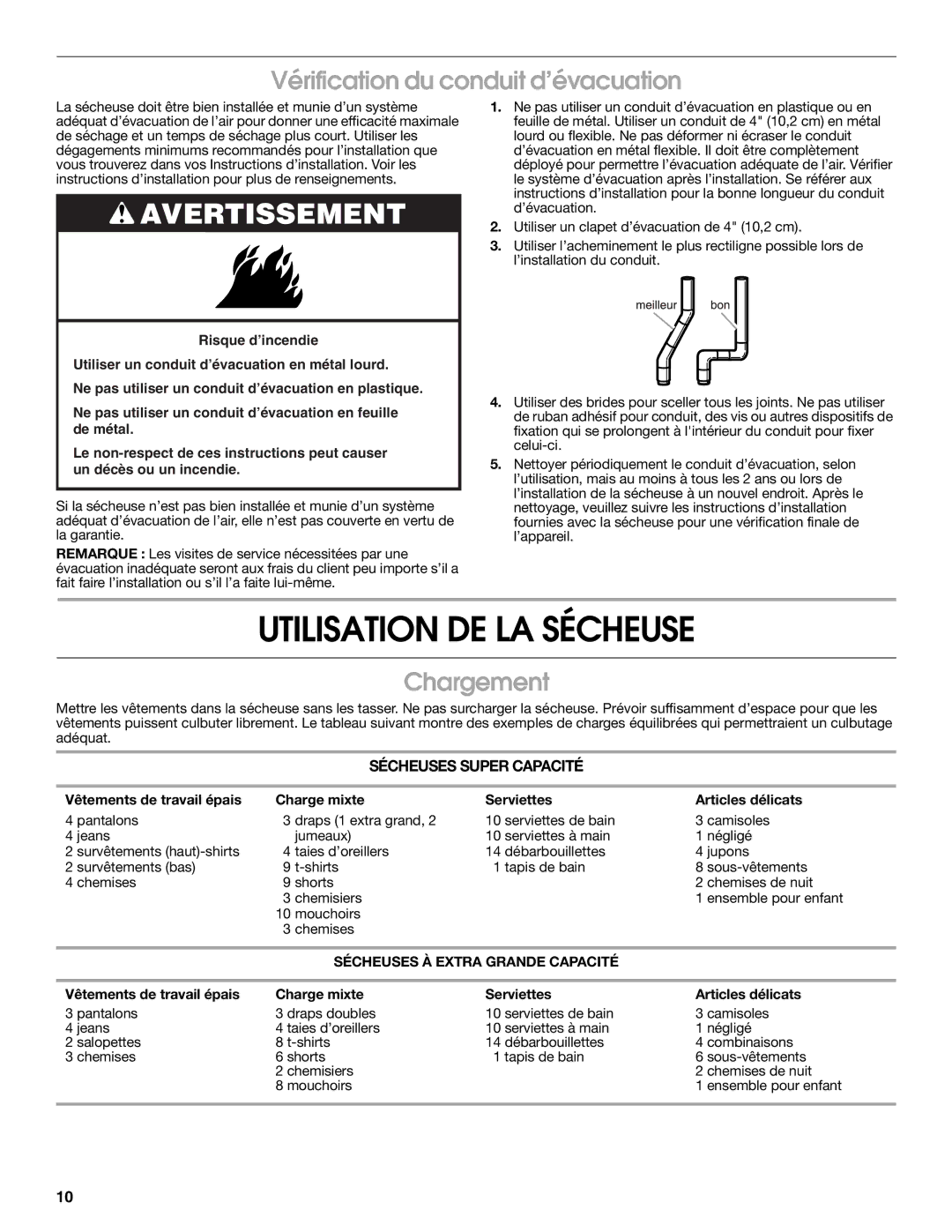 Whirlpool RGX3514PQ0 Utilisation DE LA Sécheuse, Vérification du conduit d’évacuation, Chargement, Mouchoirs Chemises 