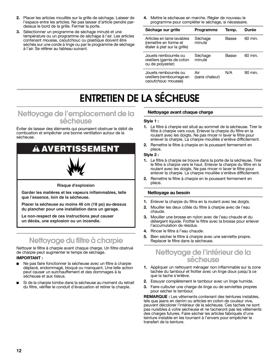 Whirlpool RGX3514PQ0 Entretien DE LA Sécheuse, Nettoyage de l’emplacement de la Sécheuse, Nettoyage du filtre à charpie 