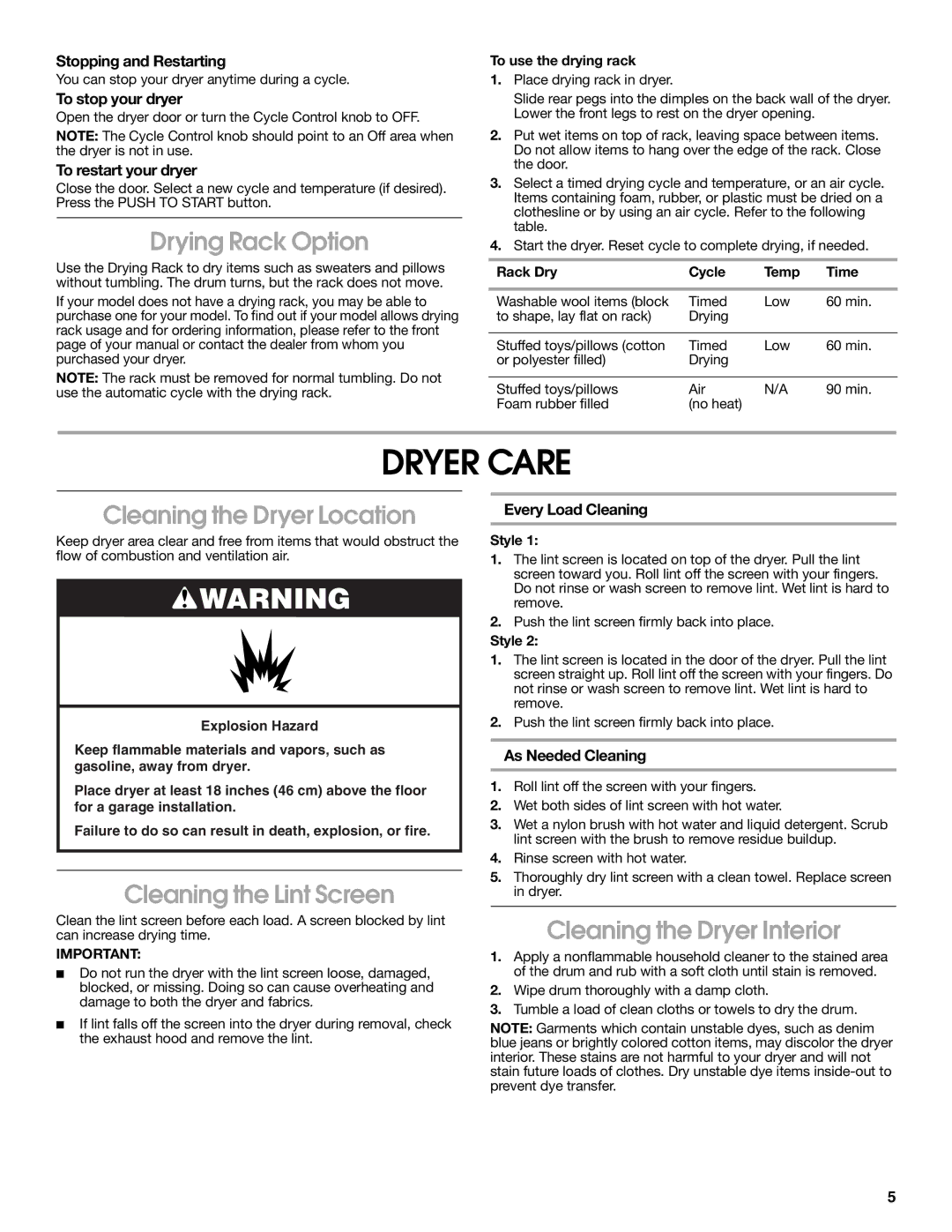 Whirlpool RGX3514PQ0 warranty Dryer Care, Drying Rack Option, Cleaning the Dryer Location, Cleaning the Lint Screen 