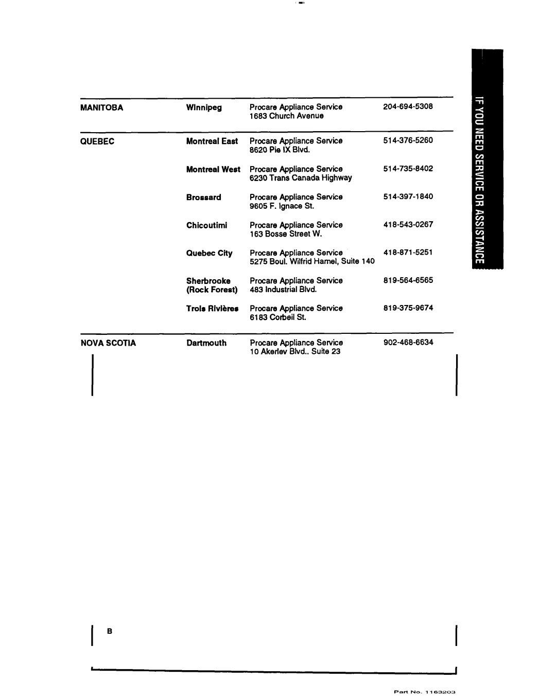 Whirlpool RH123A1 manual Manitoba, Quebec, Nova Scotia 