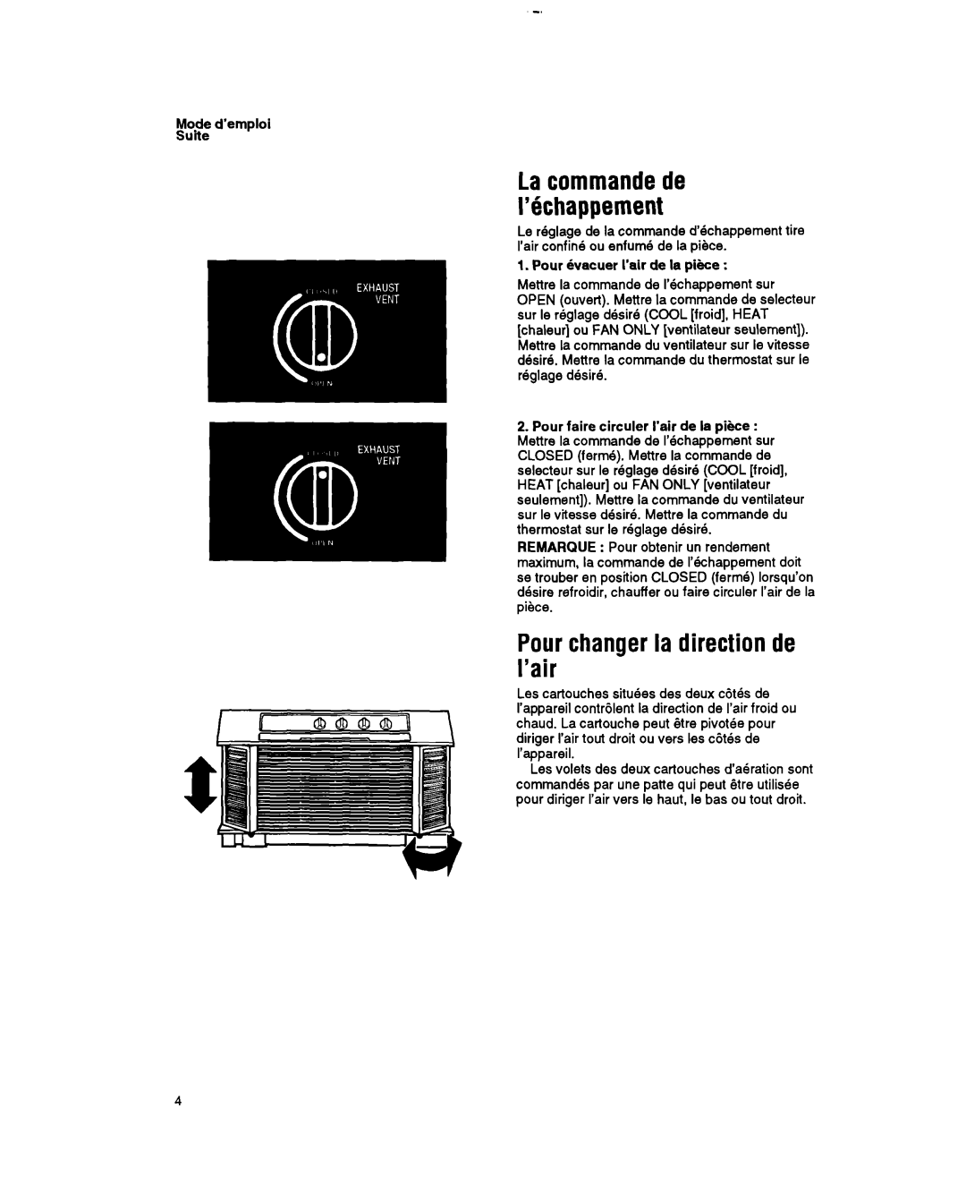 Whirlpool RH123A1 manual La commandede ’Bchappement, Pourchangerla direction de ’air, Mode d’emploi Suite 