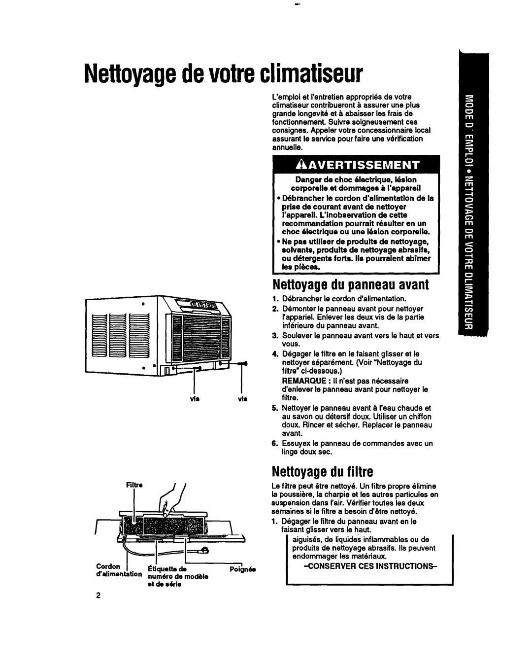 Whirlpool RH123A1 manual Nettoyagedevotreclimatiseur, Nettoyagedu panneauavant, Nettoyagedu filtre 