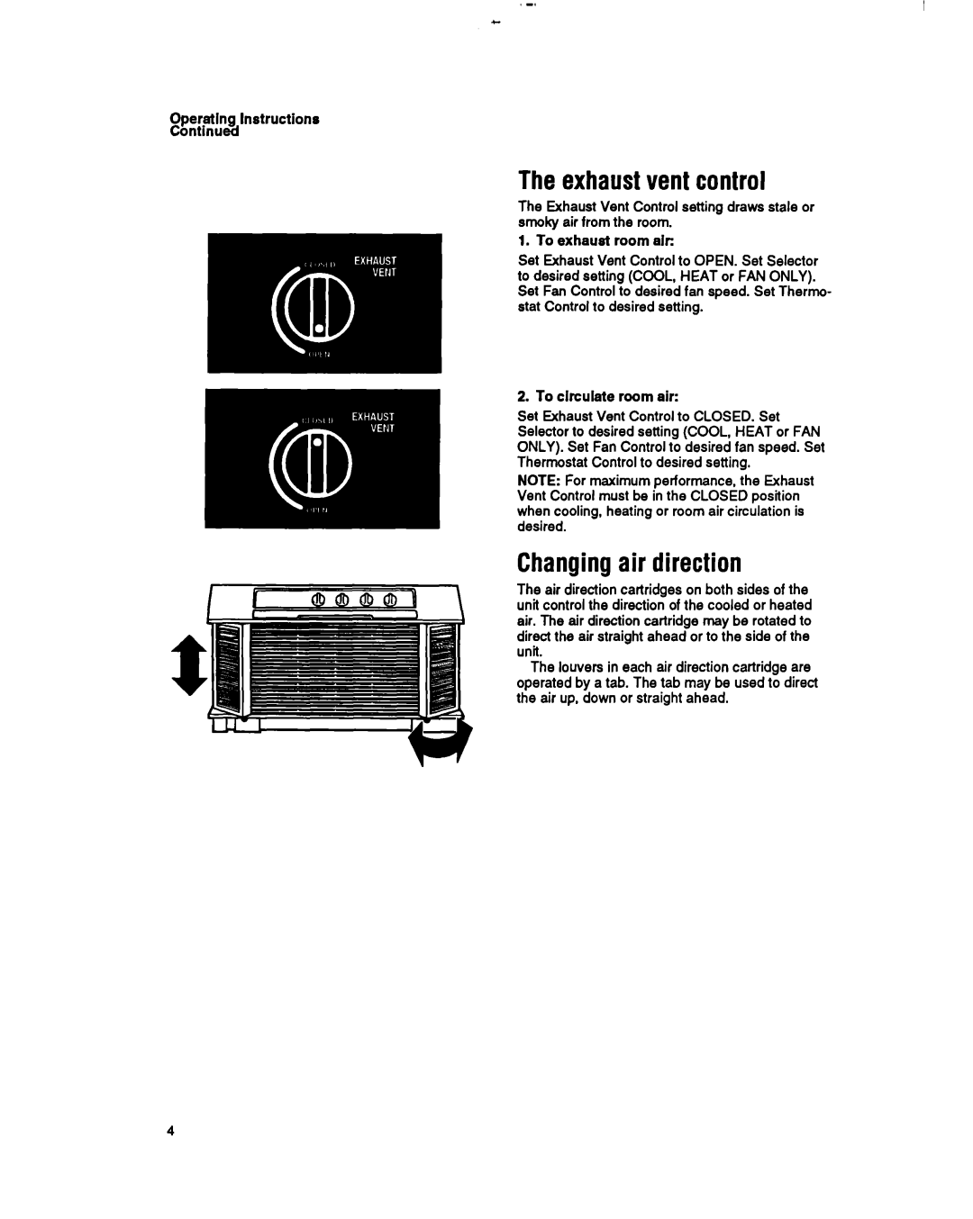 Whirlpool RH123A1 manual Theexhaustvent control, Changingair direction, To circulate room air 