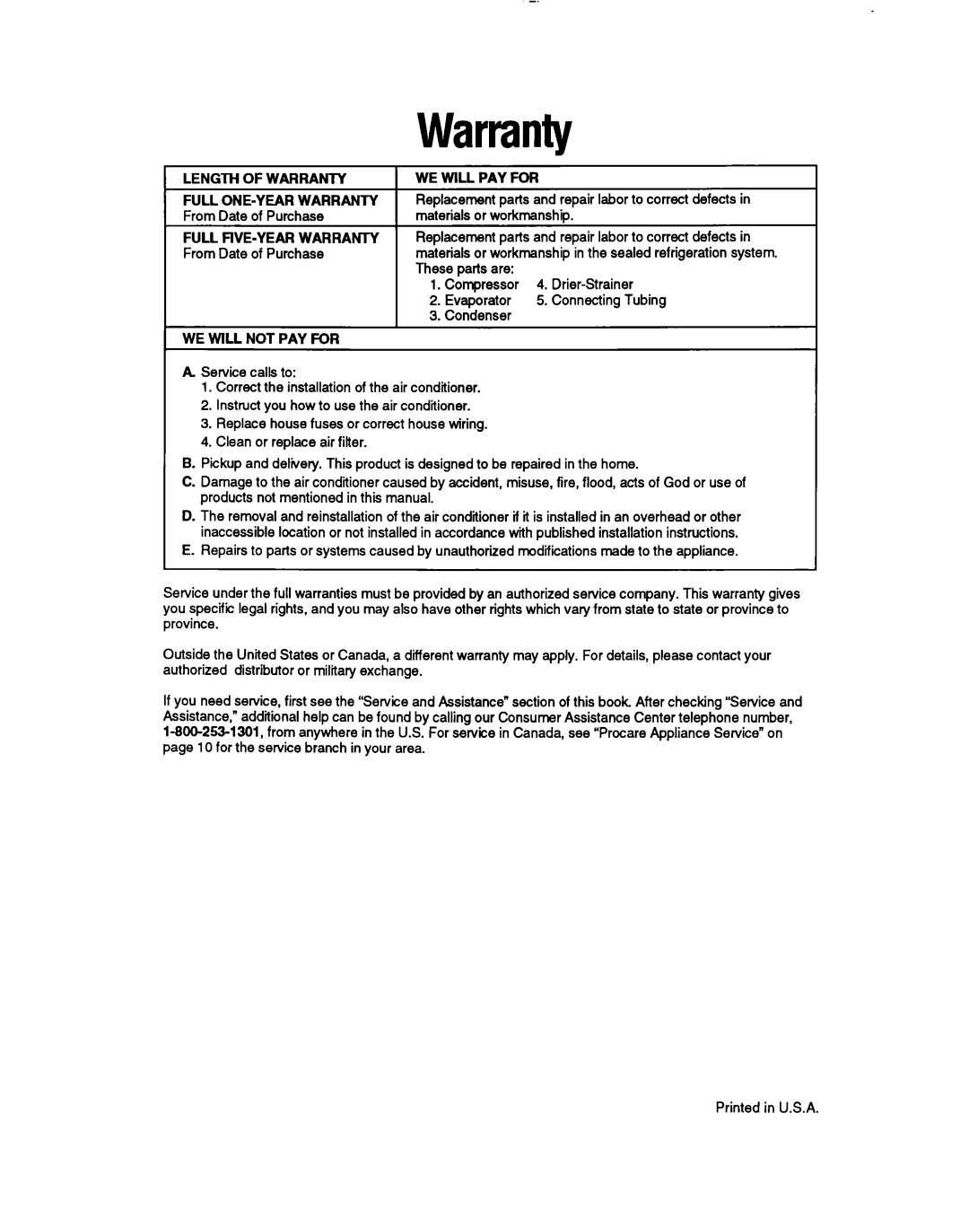 Whirlpool RH123A1 manual Warranty 