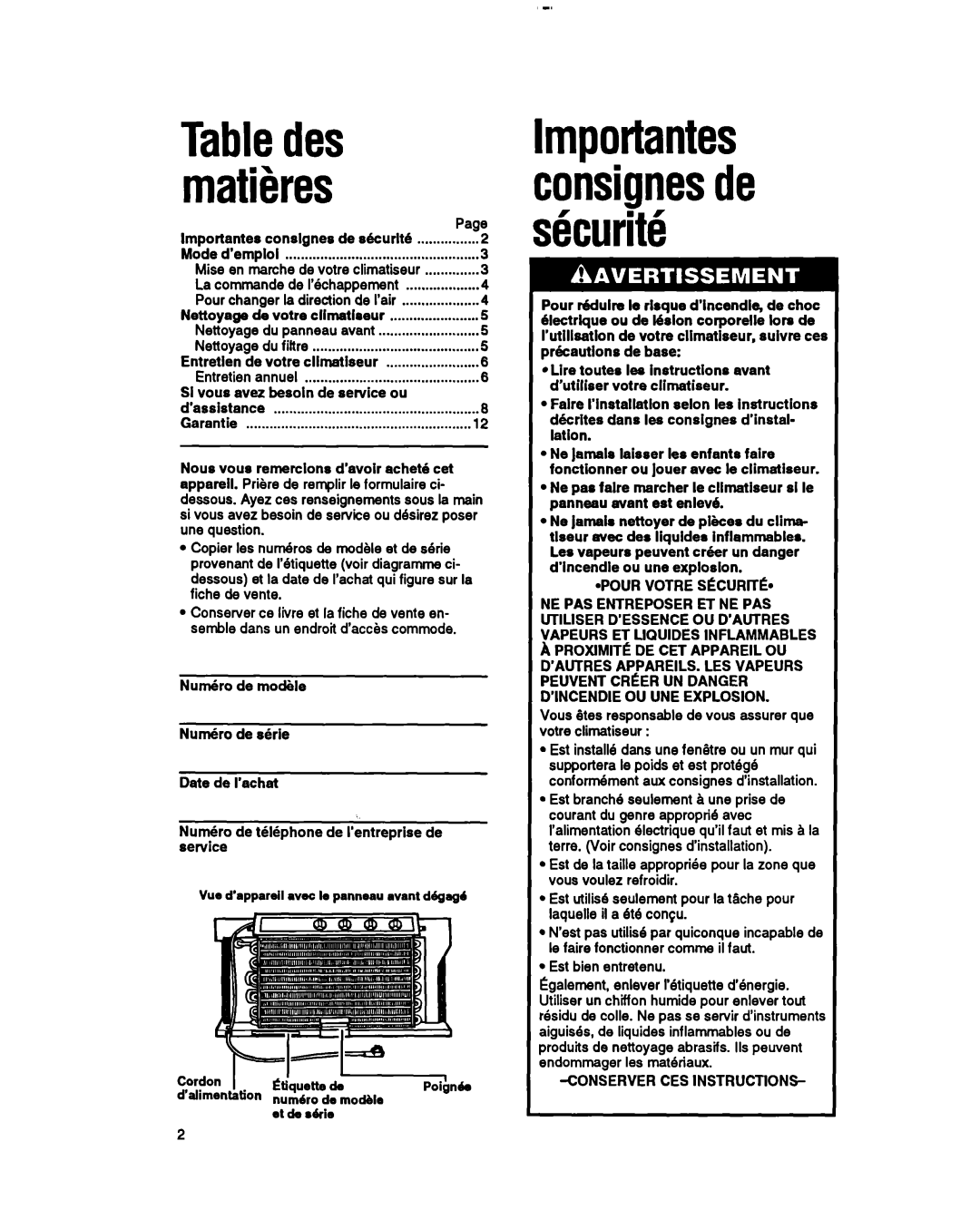 Whirlpool RH123A1 manual Tabledes, maths, Importantes consignesde sQcurit6 