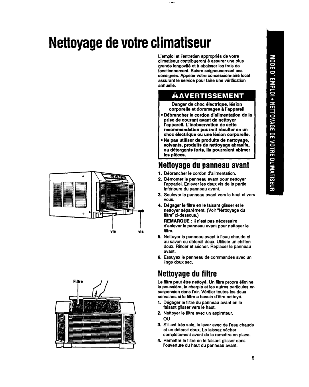 Whirlpool RH123A1 manual Nettoyagedevotreclimatiseur, Nettoyagedu panneauavant, Nettoyagedu filtre 