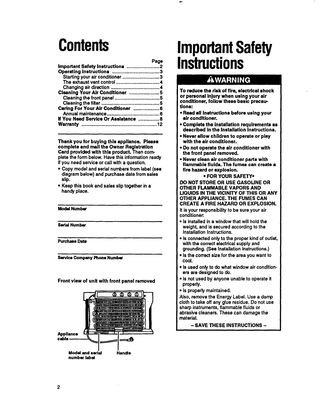Whirlpool RH123A1 manual Contents, importantSafety Instructions 