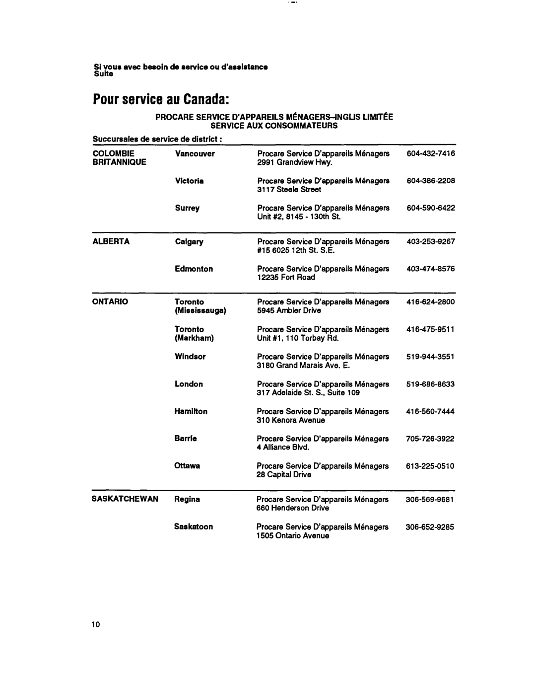 Whirlpool RH123A1 manual Pourservice au Canada 