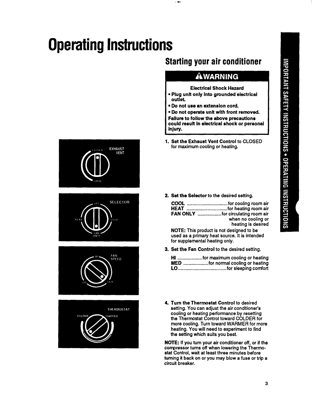 Whirlpool RH123A1 manual OperatingInstructions, Startingyour air conditioner 